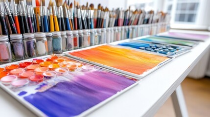 A vibrant array of paintbrushes and colorful palettes on a sunlit artist's table, AI