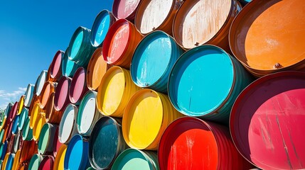 Colorful Barrels Stacked Against Blue Sky: Industrial Abstract Art