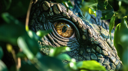 A dinosaur hidden in the bushes, carefully observing its surroundings, its eye attentively tracking everything that moves nearby, a fearsome carnivore waiting for its prey.