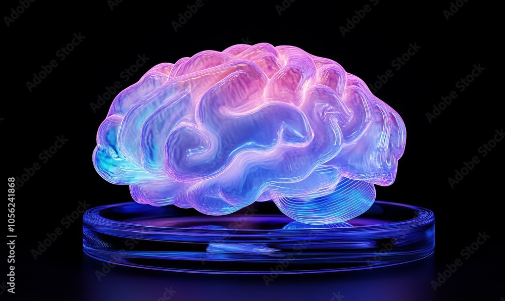 Poster a glowing brain encapsulated in translucent plastic, representing innovation and technology in a vib