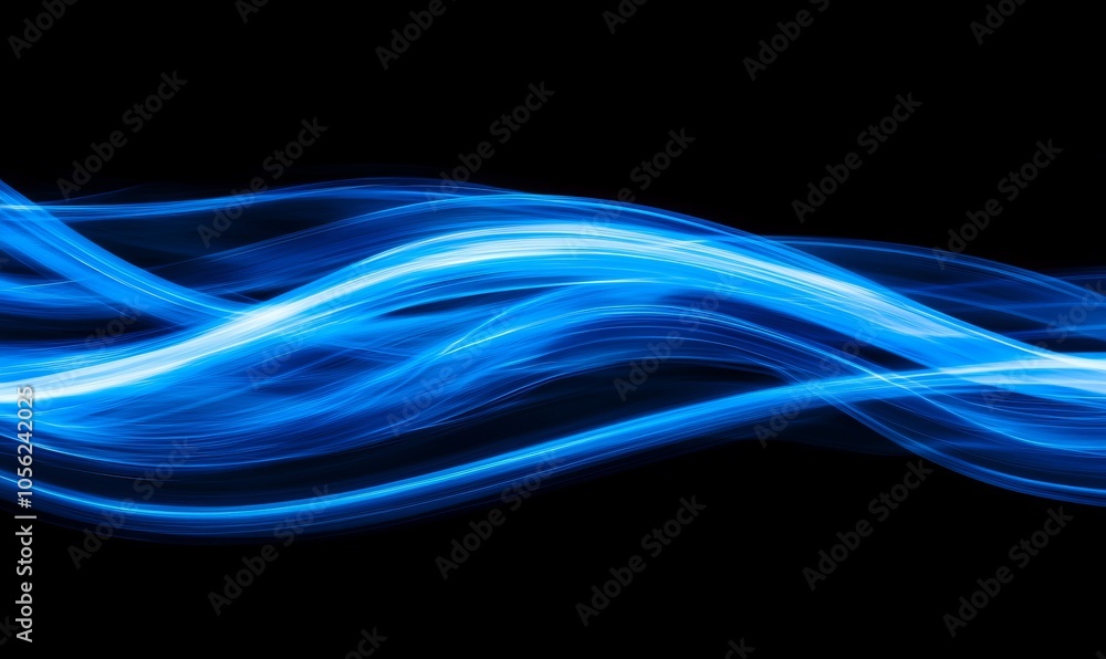 Poster a dynamic abstract image showcasing glowing blue light trails curving elegantly against a dark backg