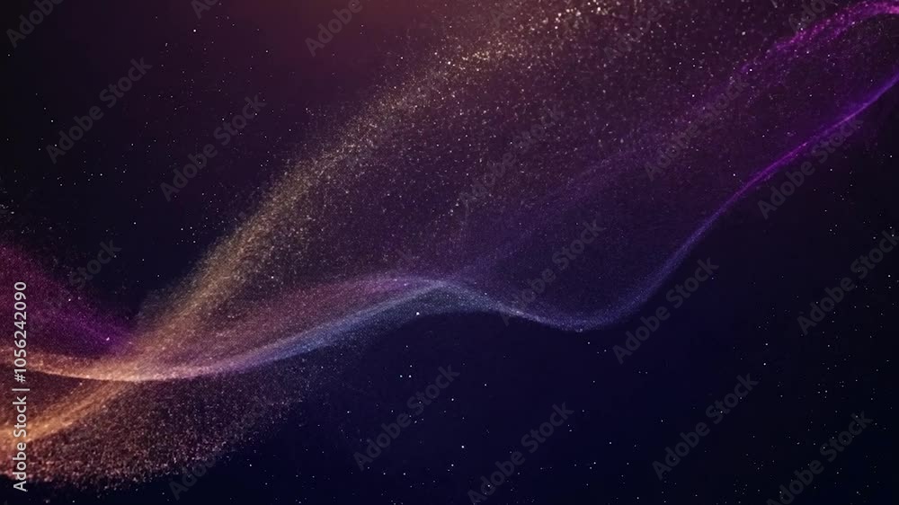 Poster colorful particles flow and form abstract shapes against a dark background, creating a mesmerizing d