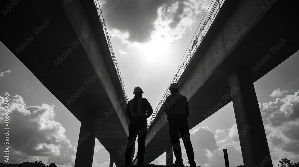Poster engineers inspecting the structural integrity of a newly constructed flyover bridge.