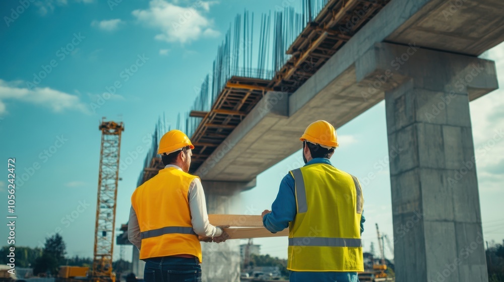 Poster engineers inspecting the structural integrity of a newly constructed flyover bridge.