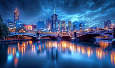 A city skyline with a bridge in the foreground