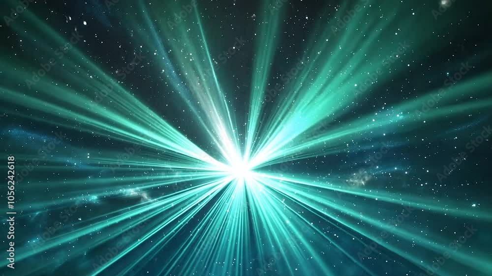 Poster bright rays of green light radiate from a luminous source against a backdrop of a starry night sky, 