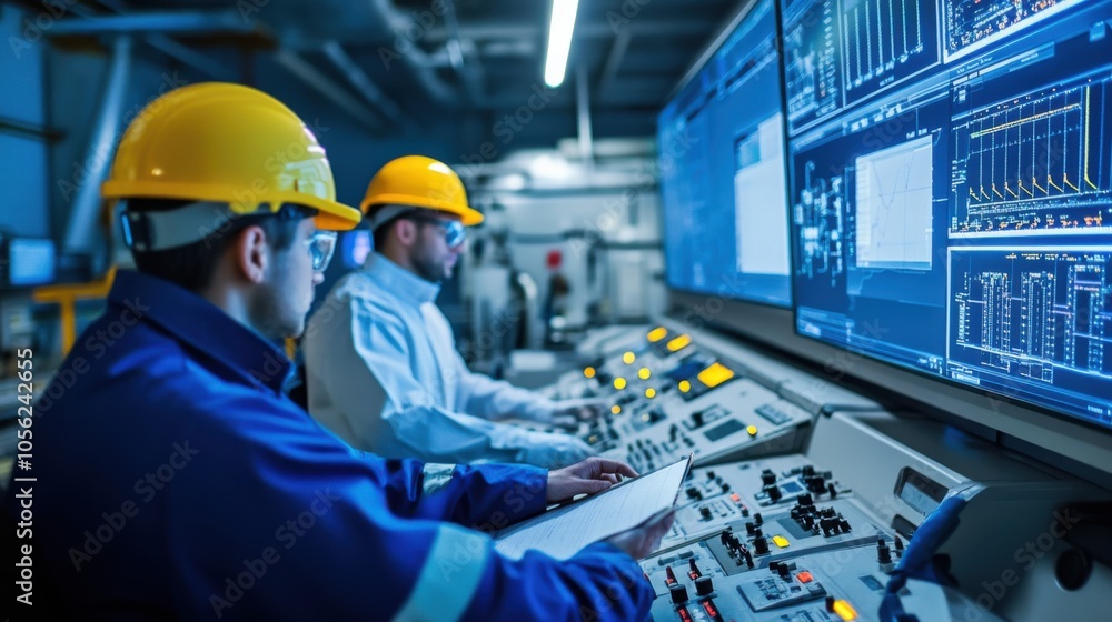 Poster engineers reviewing performance data in a control room of a gas-fired