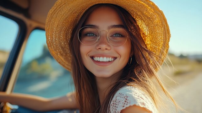 Smiling woman wearing straw hat and glasses inside car on a sunny day, road trip adventure, happy traveler, carefree lifestyle, summer fun, freedom, vacation joy - Powered by Adobe