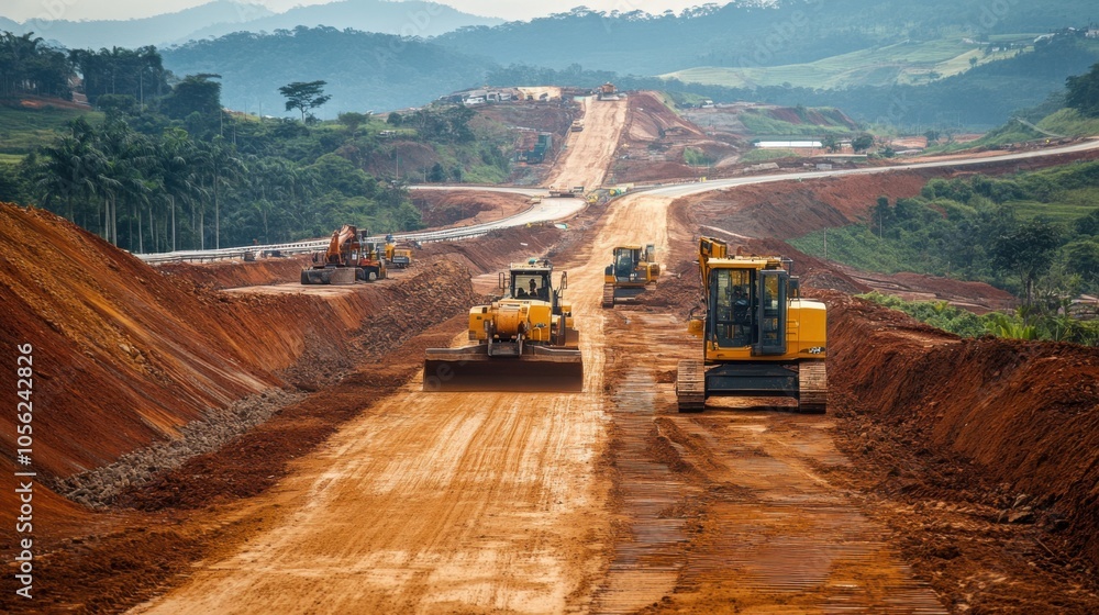 Poster engineers using gps-guided machines to lay the foundation for a new expressway,