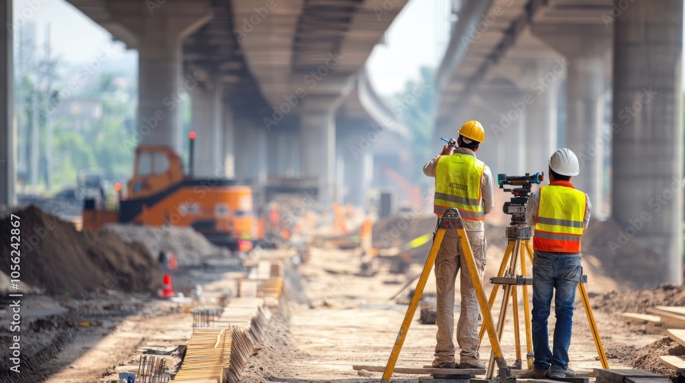 Poster engineers using laser levels to ensure precision during the construction