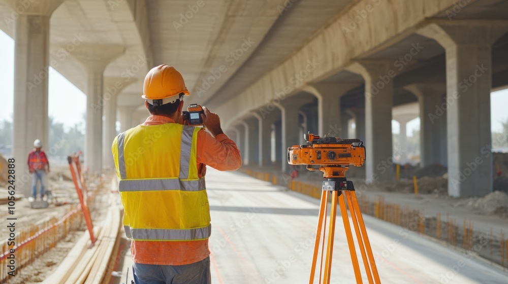 Poster engineers using laser levels to ensure precision during the construction