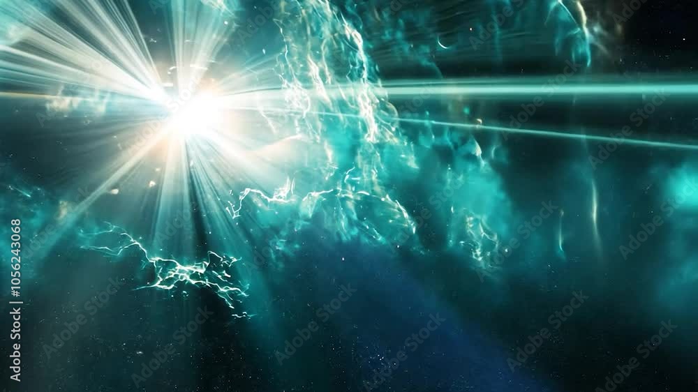 Aufkleber turquoise nebula cloud is illuminated by a bright light expanding behind it. stars are twinkling in 