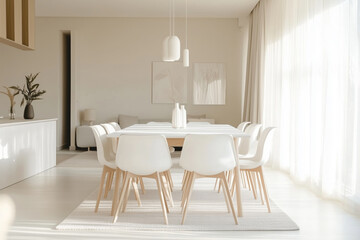 minimalist dining room decorated in warm shades of beige color palette.