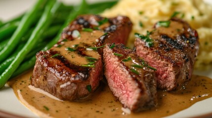 Grilled lamb steak with a rich brown crust, plated with a tangy mustard