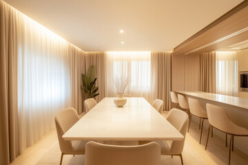 minimalist dining room decorated in warm shades of beige color palette.