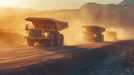 Heavy dump trucks carrying tons of ore from the mining site to a processing
