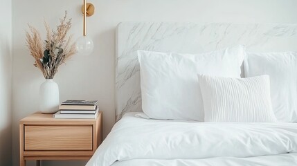 A luxurious bedroom with marble walls illuminated by gold sconces, adorned with roses on a wooden nightstand creating a serene ambiance