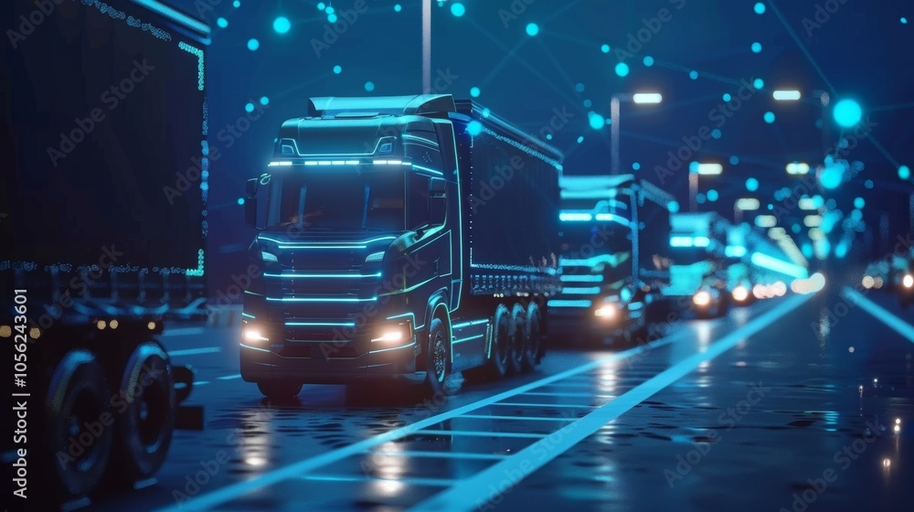 Poster a fleet of autonomous trucks uses 5g connectivity to communicate with each other and coordinate thei