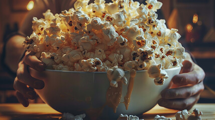 A detailed shot of a large bowl of popcorn, showcasing a hand continuously reaching for extra pieces.