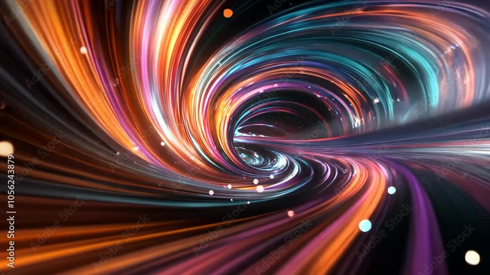 Poster a digital rendering of a swirling vortex of colorful lights in a dark space