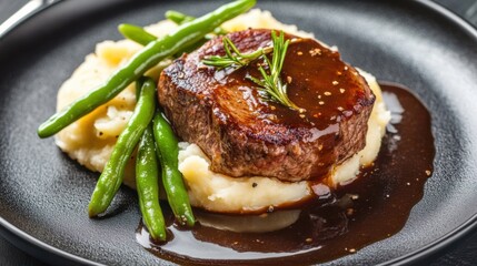 Lamb steak served with a rich gravy, alongside creamy mashed