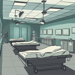Cartoon-style interior of a morgue featuring deceased bodies laid out on mortuary tables. The mortuary room includes wheeled beds and various autopsy and embalming equipment in a 2D vector format