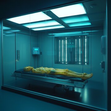 A simulation of a crime victim's body in a morgue setting