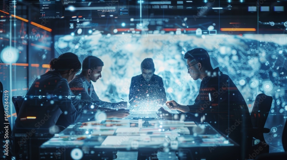 Poster diverse team of software engineers collaborating on cutting edge technology in a futuristic office e