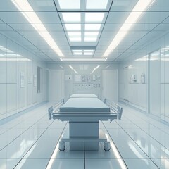 Modern hospital morgue interior, focusing on themes of death, autopsy, and funeral services, presented as a 3D render with copy space