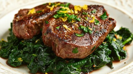 Perfectly seared lamb steak on a bed of