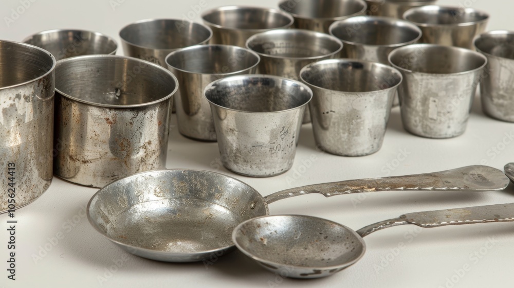 Poster a set of wellused measuring ss and cups showing signs of wear from frequent use in experiments.