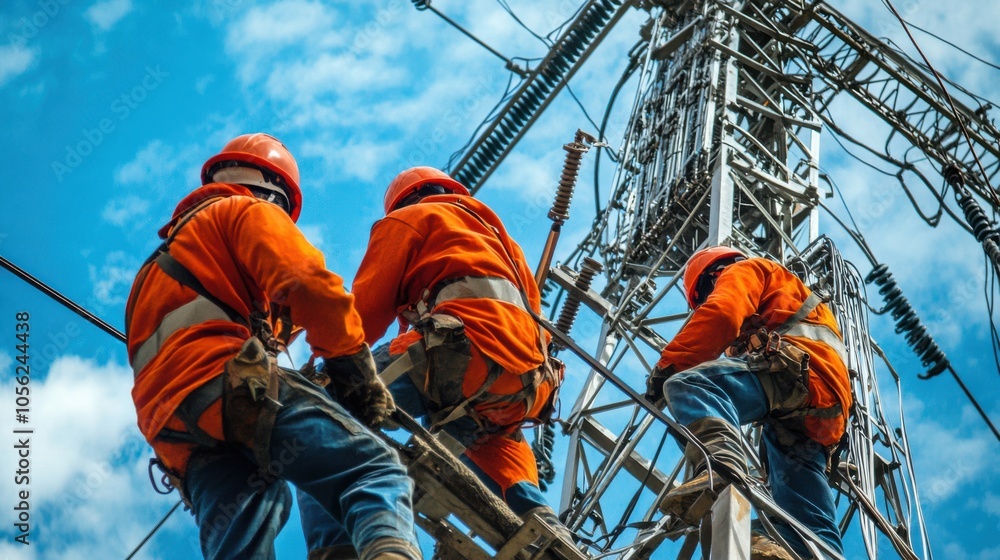 Poster workers installing new electrical transformers on a high-voltage