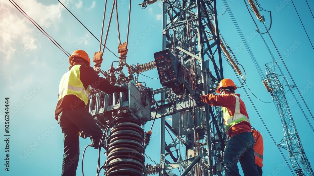 Poster workers installing new electrical transformers on a high-voltage