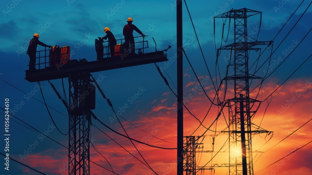 Poster workers upgrading the electrical grid, replacing old power lines with
