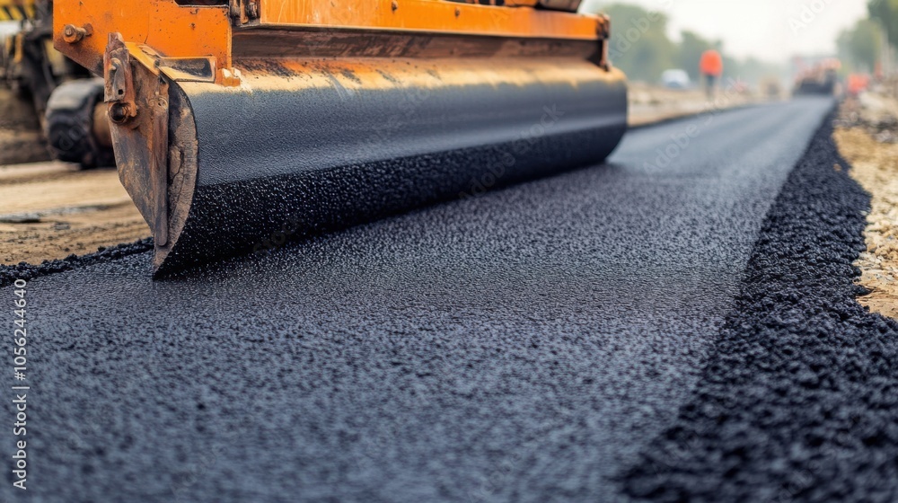 Poster workers using a large asphalt paver to lay the final surface layer