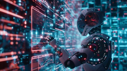 Futuristic robot managing data in a high tech server room with holographic displays, showcasing the potential of ai and technology