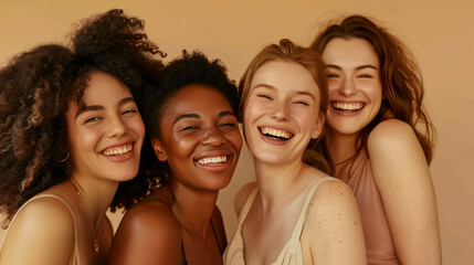 Obraz premium Diversity, beauty, and natural with women friends in the studio on a beige background to promote skincare. Portrait, face, and smile with a happy female and friend group indoors for luxury cosmetics
