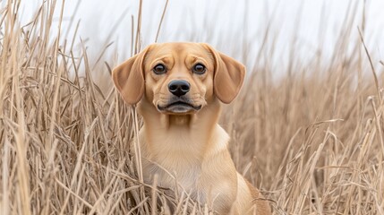 A dachshund stares at the camera while sitting amid tall brown grass on a foggy day, showcasing its striking black and tan coat
