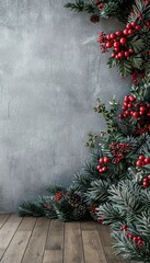 Fototapeta premium Artistic display of festive Christmas greenery adorned with vibrant red berries set against a striking rustic gray background.
