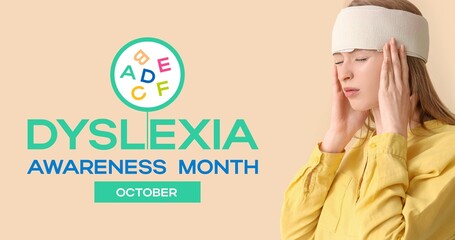 Young woman with bandaged head on beige background. Banner for Dyslexia Awareness Month