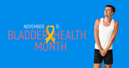 Man with problem of frequent urination on color background. Diabetes symptoms