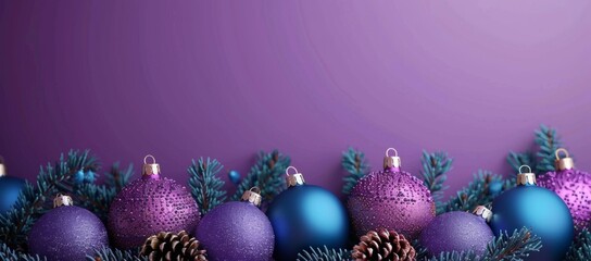 Obraz premium Vibrant purple and blue Christmas baubles sit among pine cones on a lush green branch, perfect for holiday decoration themes.