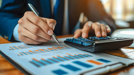 Financial Analysis Concept: A professional analyzes financial charts using a calculator and pen, highlighting precise budgeting and performance evaluation in business finance.