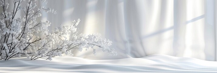 A delicate frosted branch rests on pure white snow with soft, flowing curtains in the background, creating a tranquil atmosphere.