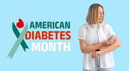 Woman with glucose sensor measuring blood sugar level on blue background. Banner for American Diabetes Month