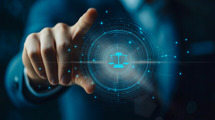 Futuristic Legal Technology Concept: A person uses a holographic interface with a gavel icon, symbolizing advanced technology in legal systems.