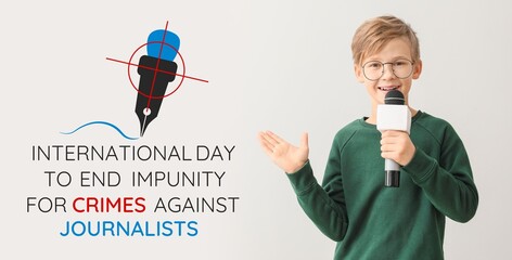 Banner for International Day to End Impunity for Crimes against Journalists with little boy holding...