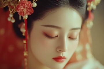 Fototapeta premium Close up of doll with flower in hair, detailed features, soft expression, delicate craftsmanship.