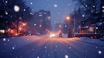 Snowy city night illuminated by street light.