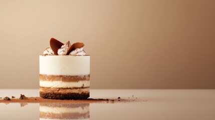 Layered tiramisu dessert with chocolate garnish on a smooth reflective surface against a beige background with copy space 